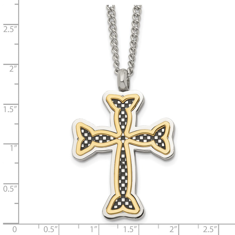 Stainless Steel Polished Black and Yellow IP-plated Cross 24in Necklace