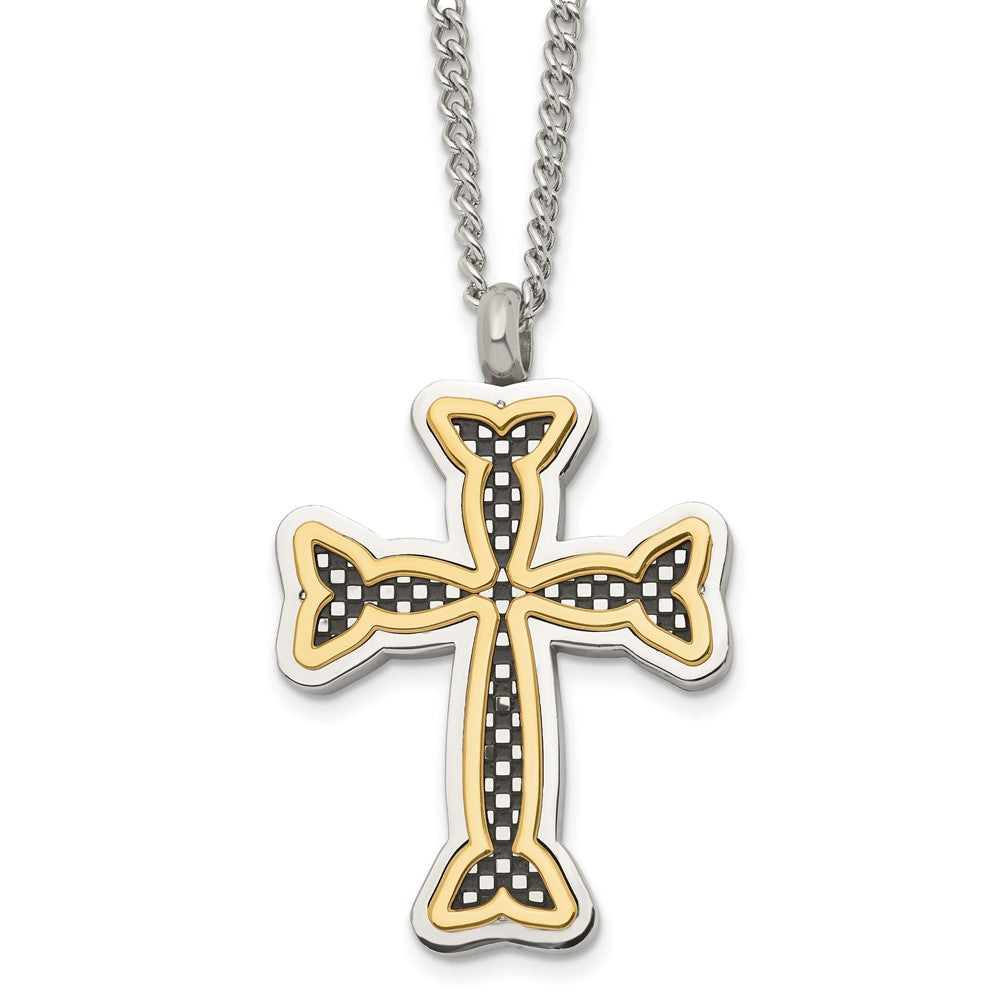 Stainless Steel Polished Black and Yellow IP-plated Cross 24in Necklace