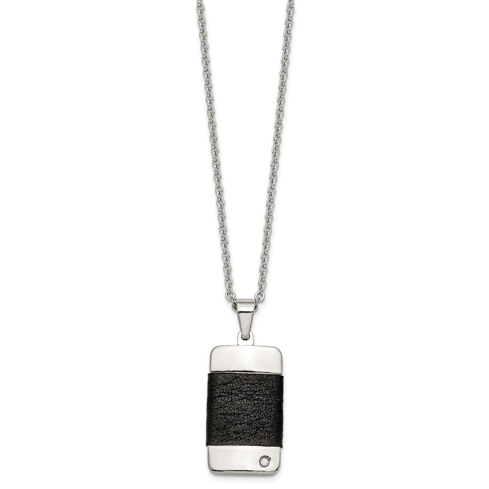 Stainless Steel Polished w/ CZ & Leather Reversible Inlay 22in Necklace