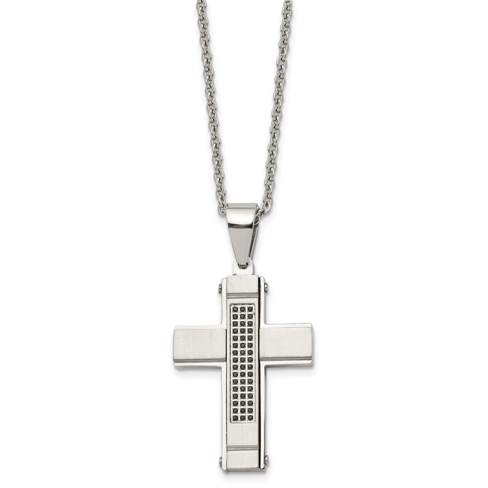Stainless Steel Brushed and Polished w/Black CZ Cross 24in Necklace