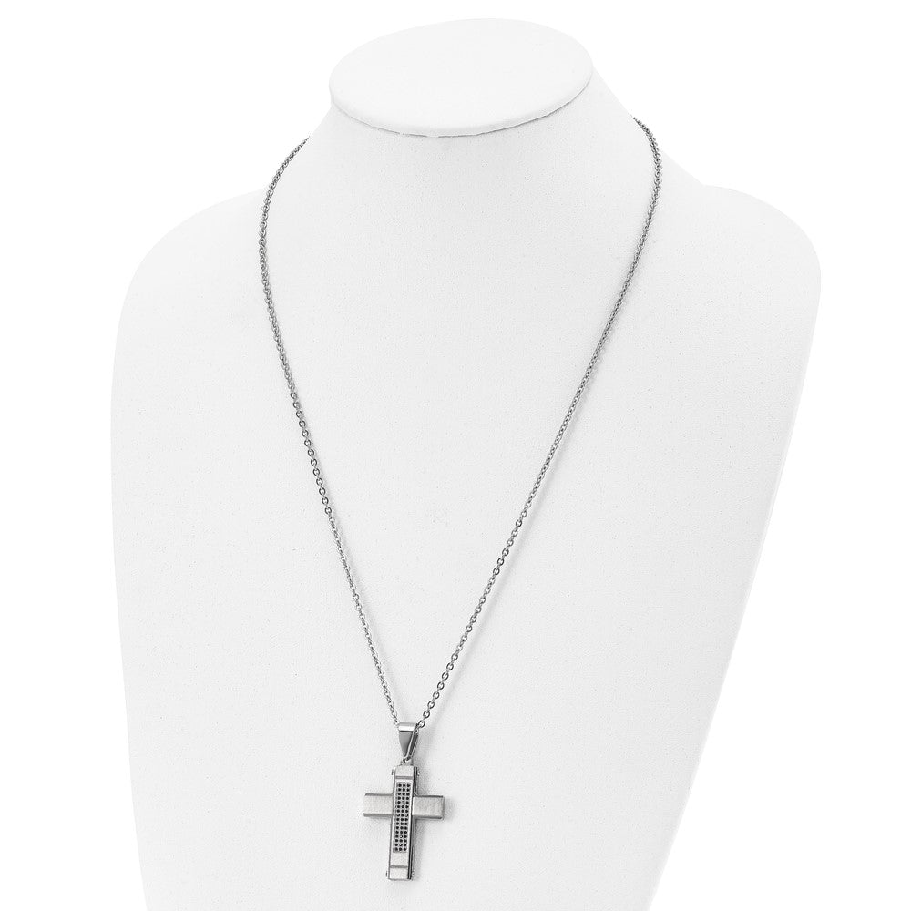 Stainless Steel Brushed and Polished w/Black CZ Cross 24in Necklace