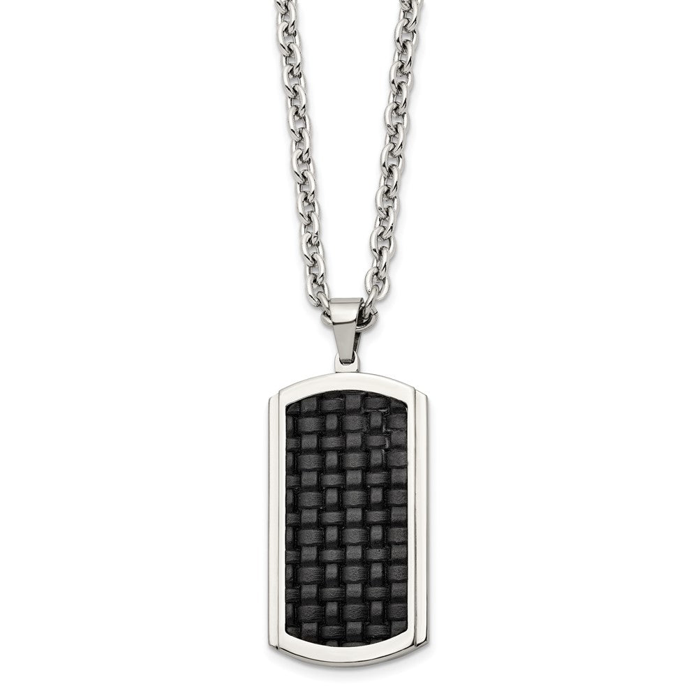 Stainless Steel Polished & Textured Leather Inlay Dog Tag 24in Necklace