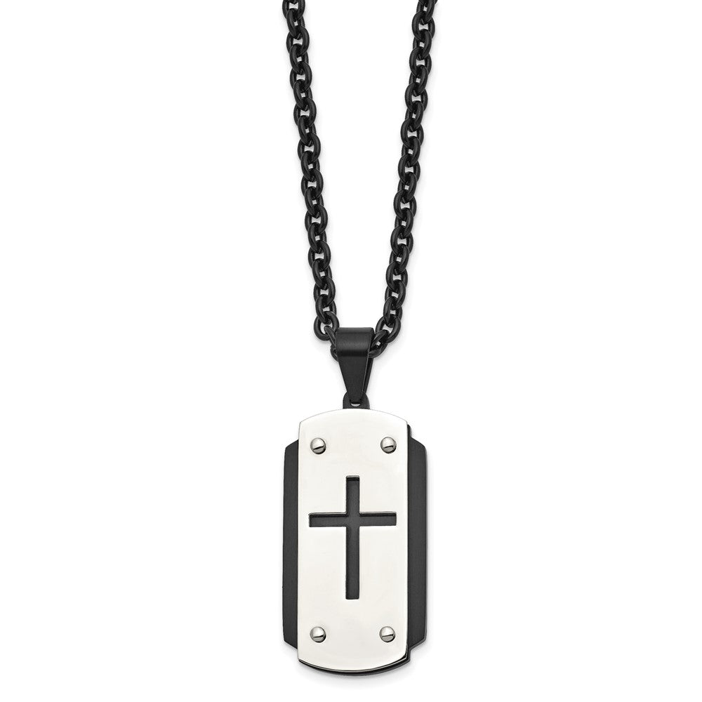 Stainless Steel Brushed and Polished Black IP-plated Cross 24in Necklace