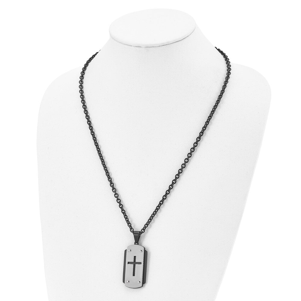 Stainless Steel Brushed and Polished Black IP-plated Cross 24in Necklace