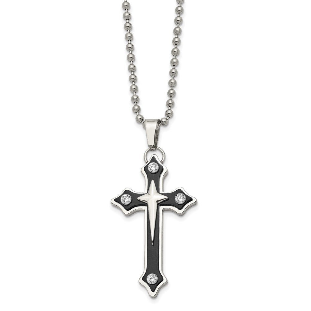 Chisel Stainless Steel Polished Black IP-plated with CZ Cross Pendant on a 20 inch Ball Chain Necklace
