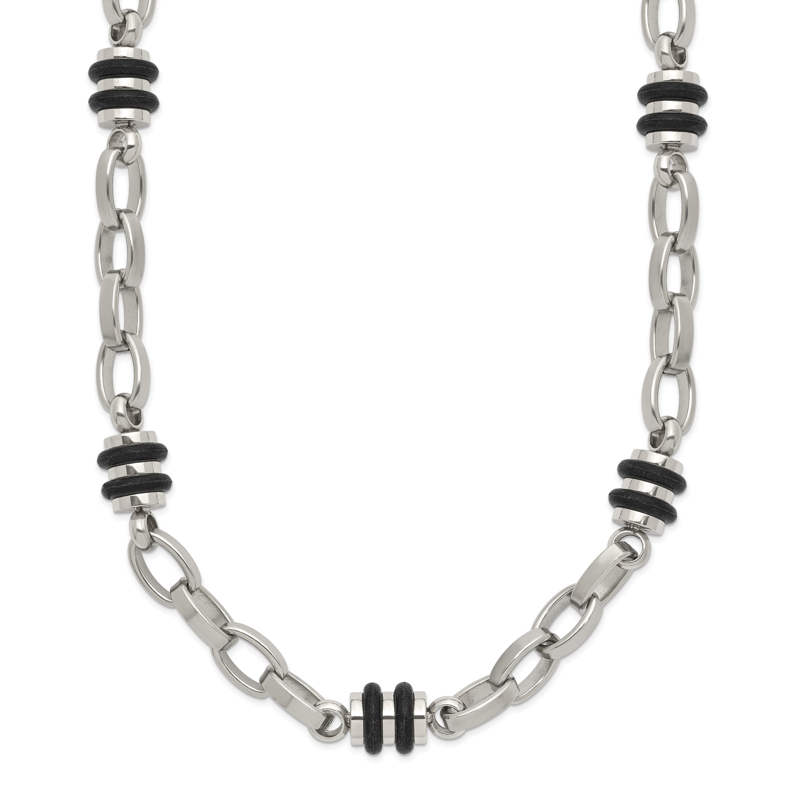 Chisel Stainless Steel Polished with Black Rubber Barrel Link 22 inch Necklace