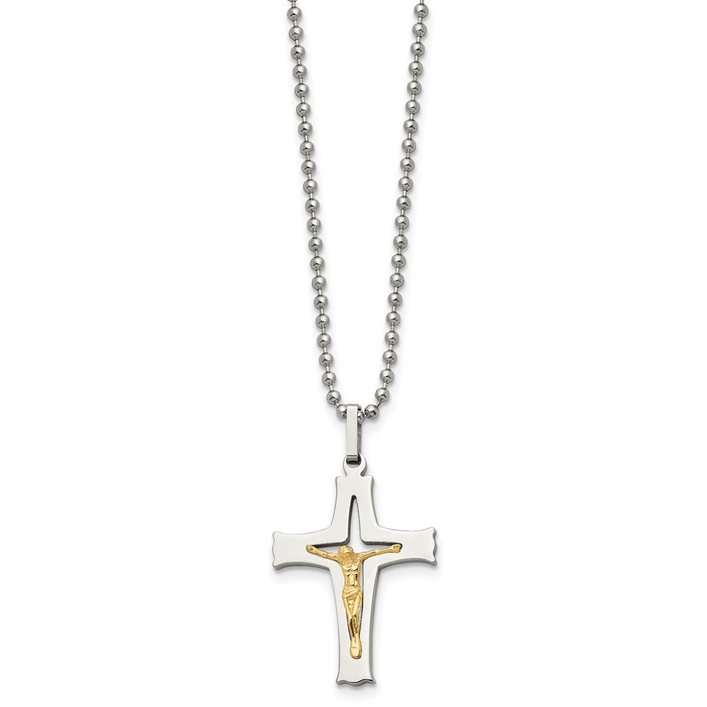 Chisel Stainless Steel Polished with 14k Gold Accent Crucifix Pendant on a 22 inch Ball Chain Necklace