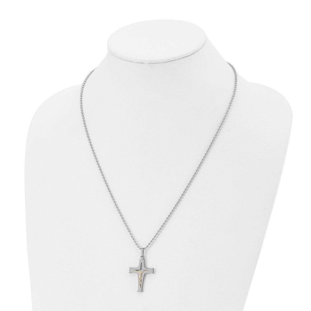 Chisel Stainless Steel Polished with 14k Gold Accent Crucifix Pendant on a 22 inch Ball Chain Necklace