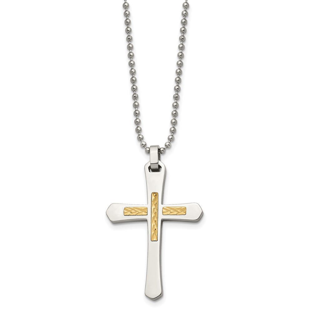 Chisel Stainless Steel Polished with 14k Gold Accent Diamond-cut Cross Pendant on a 22 inch Ball Chain Necklace