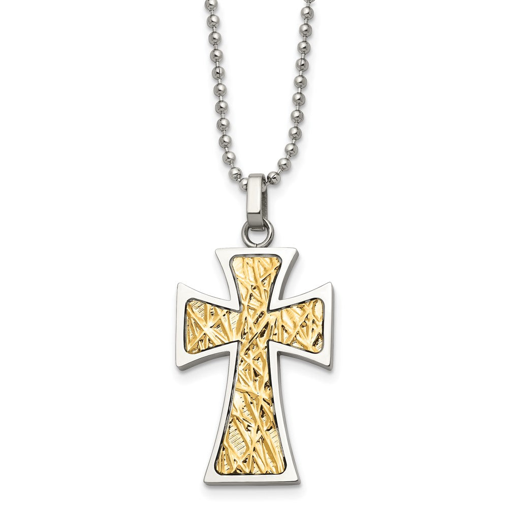 Chisel Stainless Steel Polished with 14k Gold Accent Cross Pendant on a 22 inch Ball Chain Necklace