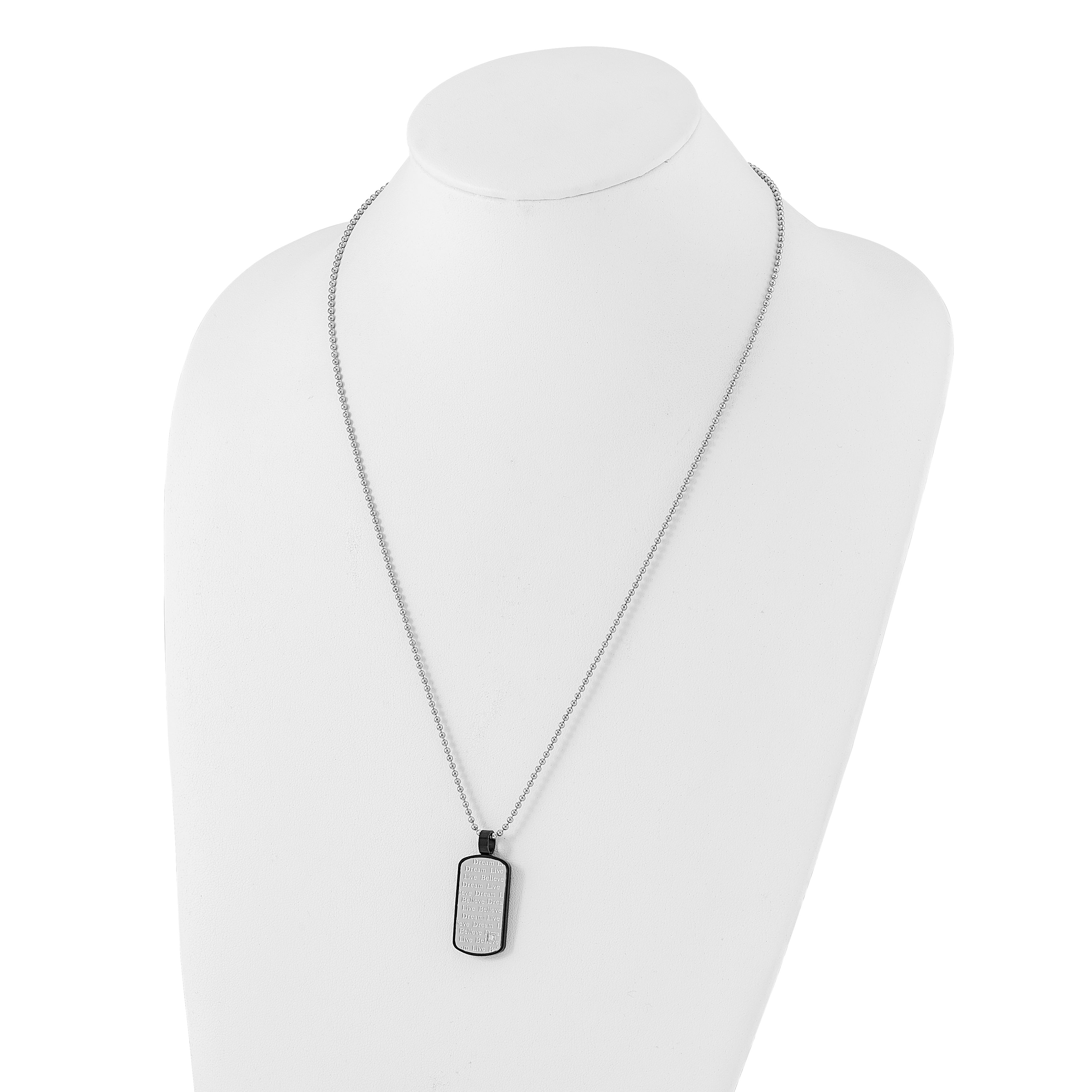 Stainless Steel Black PVD-plated CZ Live Dream Believe Dogtag Necklace