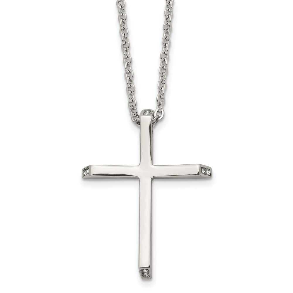 Chisel Stainless Steel Polished with CZ Ends Cross Pendant on a 22 inch Cable Chain Necklace