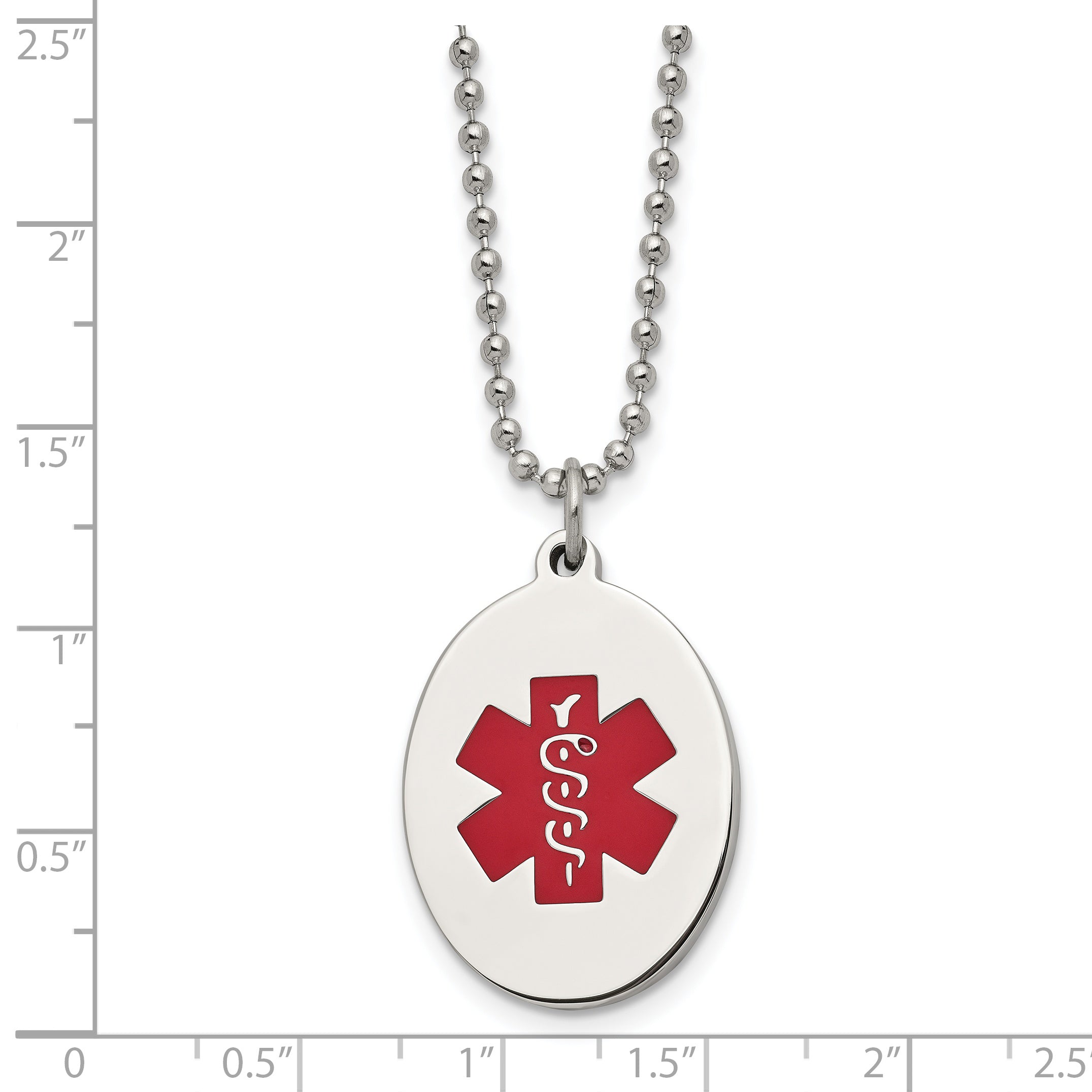Chisel Stainless Steel Polished with Red Enamel Oval Medical ID Pendant on a 24 inch Ball Chain Necklace