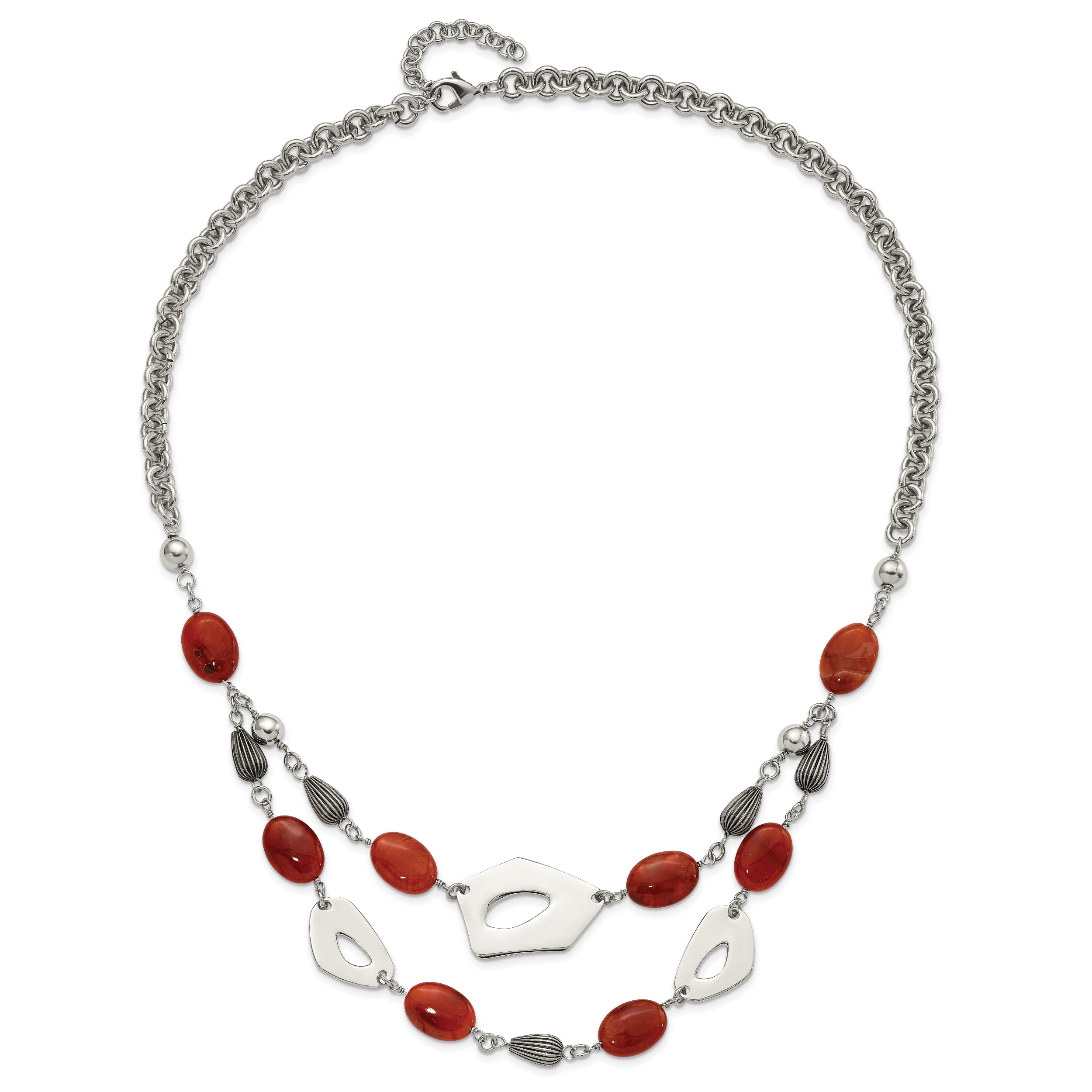Stainless Steel Polished & Antiqued Red & Orange Agate w/ 2in ext. Necklace
