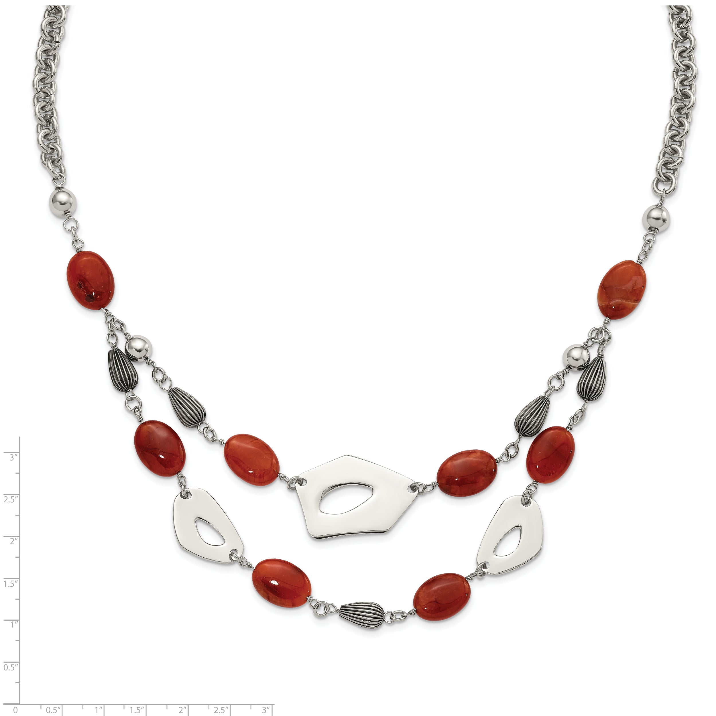 Stainless Steel Polished & Antiqued Red & Orange Agate w/ 2in ext. Necklace