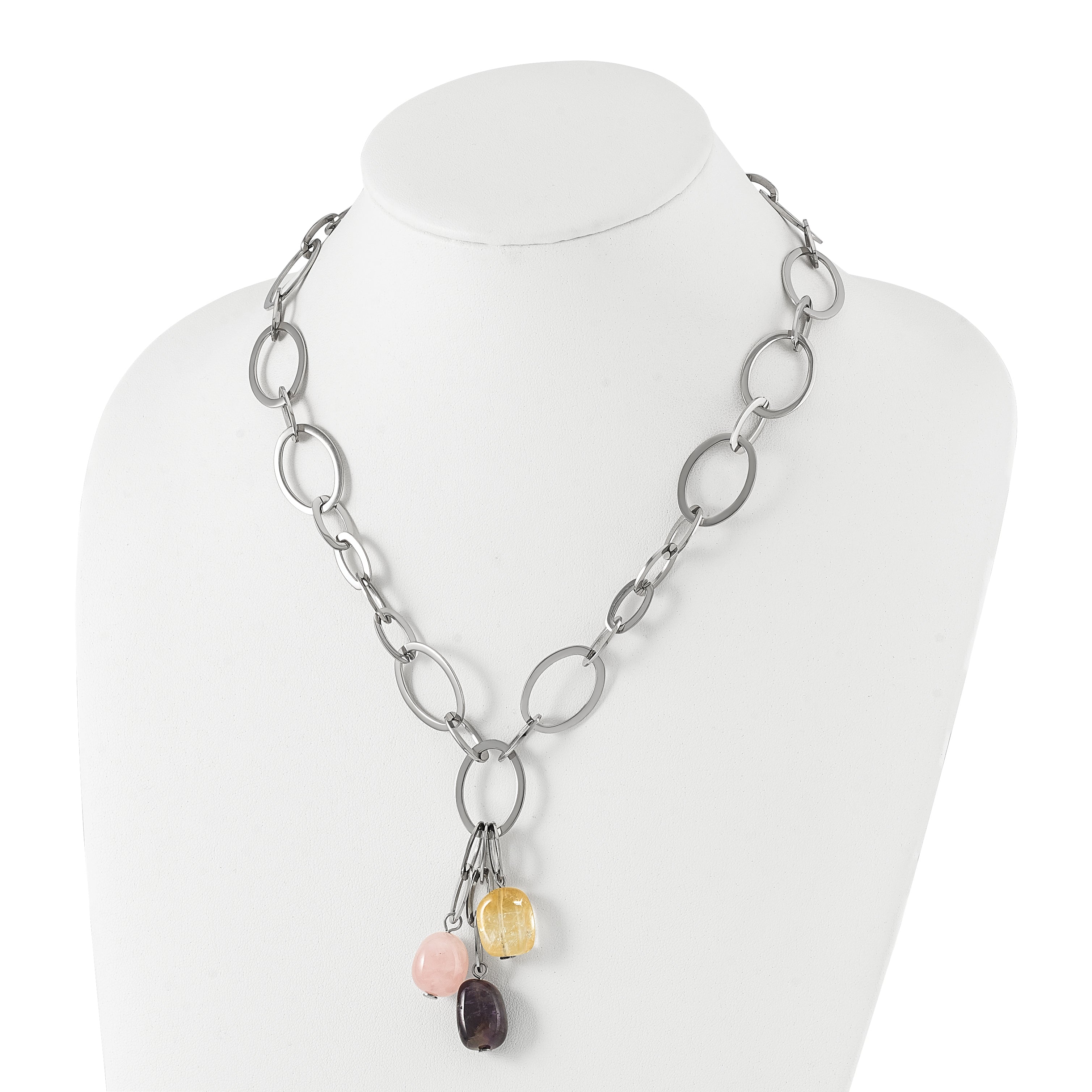Stainless Steel Citrine Amethyst & Rose Quartz w/ 2 in ext Link Necklace