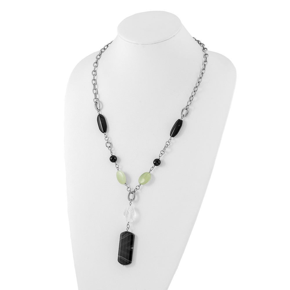 Stainless Steel Prehnite, Crystal & Black Agate w/1.5in ext Drop Necklace