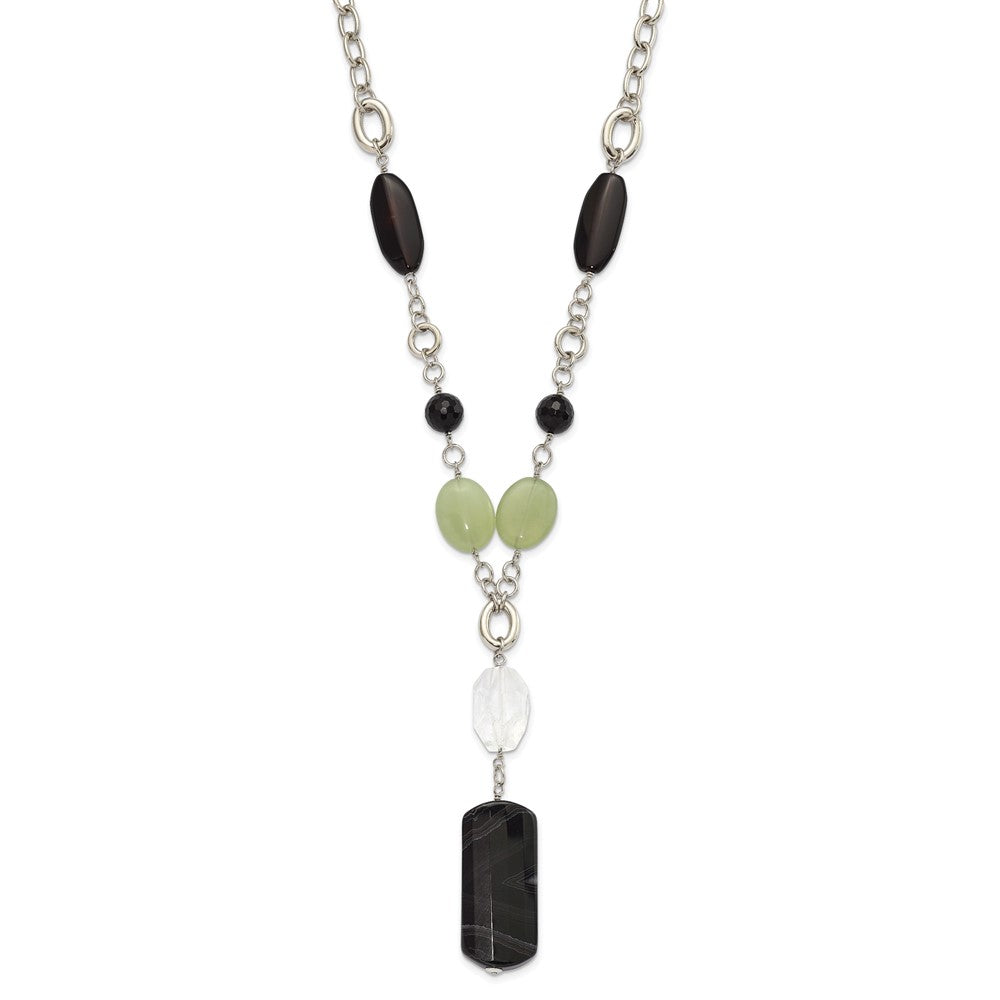 Stainless Steel Prehnite, Crystal & Black Agate w/1.5in ext Drop Necklace