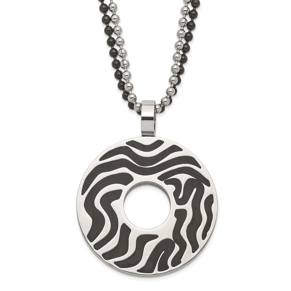 Stainless Steel Black IP-plated & Black Rubber Swirl Circle Necklace