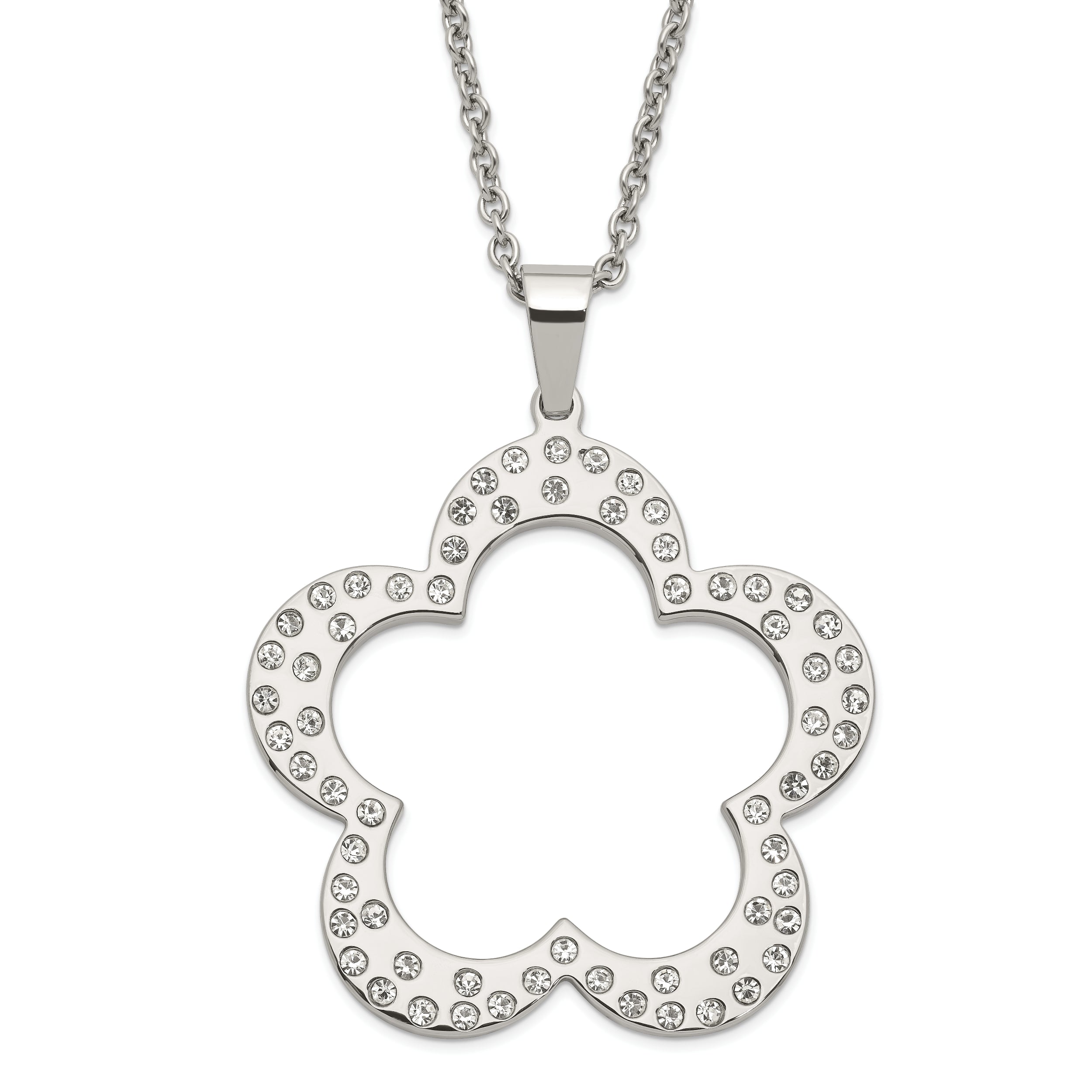 Stainless Steel Polished Flower with CZs Pendant 24in Necklace