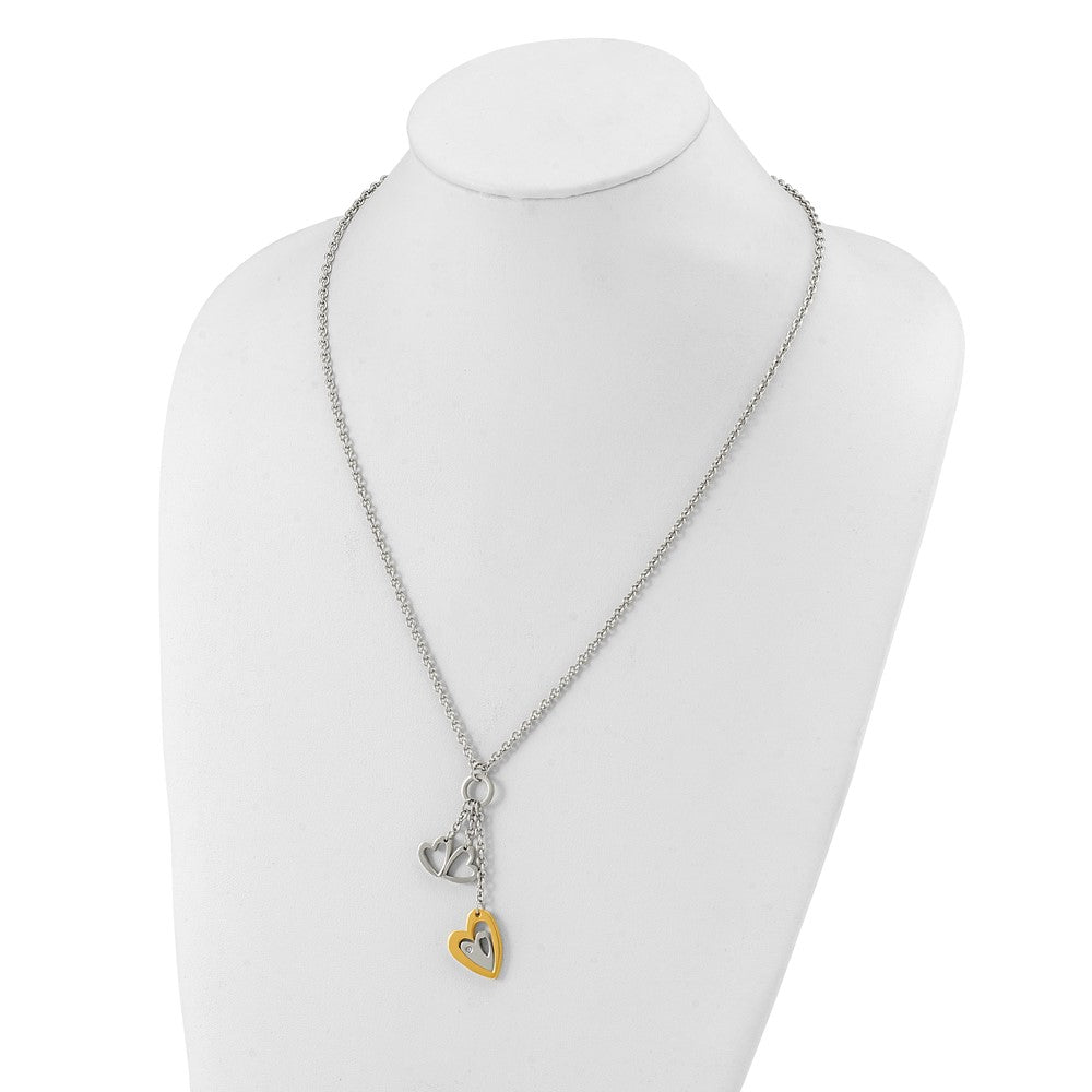 Stainless Steel Yellow IP-plated Heart with Hearts with CZ Necklace