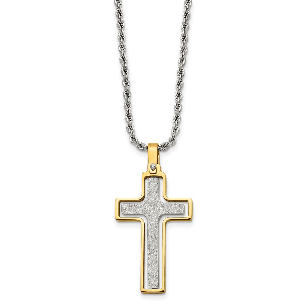 Chisel Stainless Steel Polished Laser Cut Center Yellow IP-plated Moveable Cross Pendant on 22 inch Rope Chain Necklace