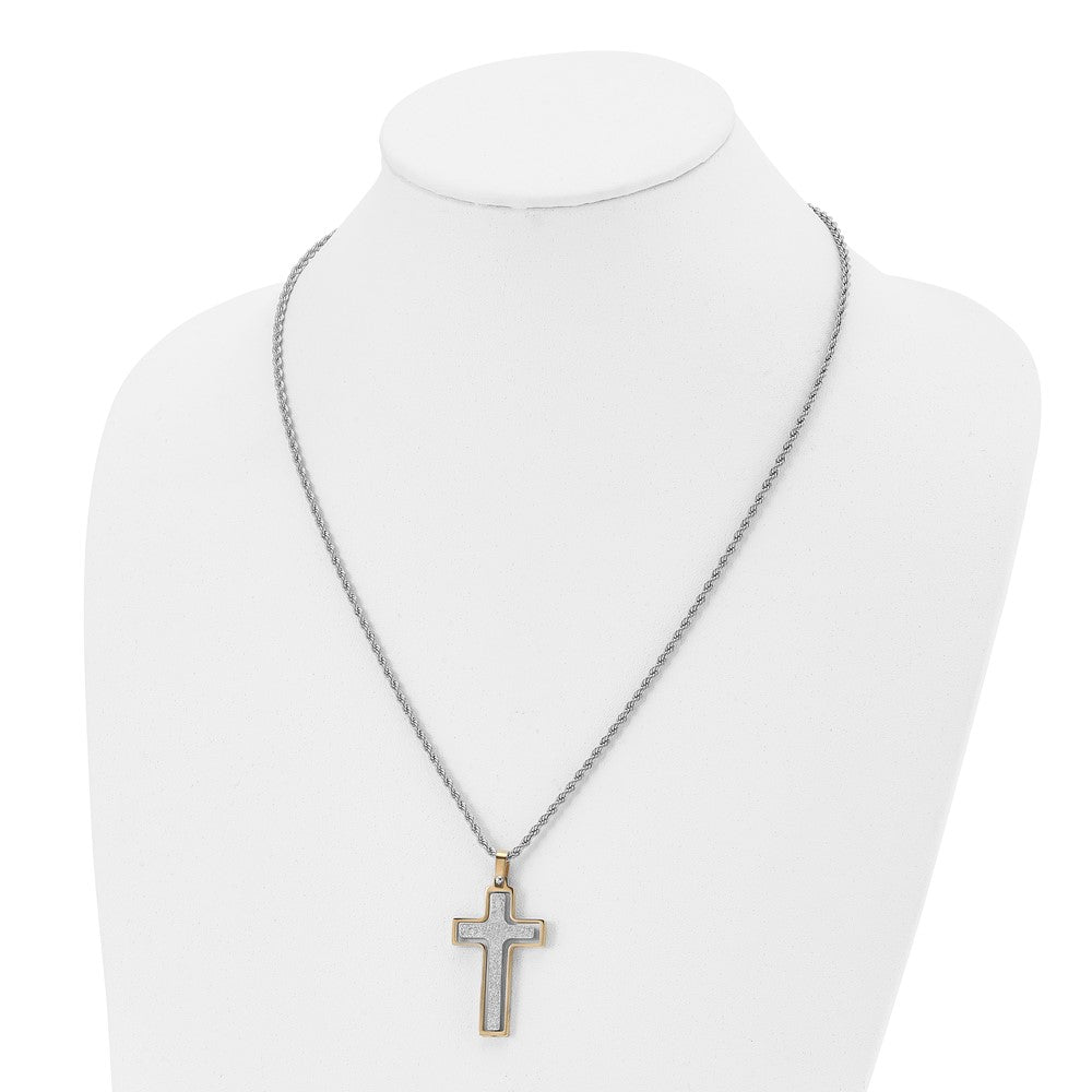 Chisel Stainless Steel Polished Laser Cut Center Yellow IP-plated Moveable Cross Pendant on 22 inch Rope Chain Necklace