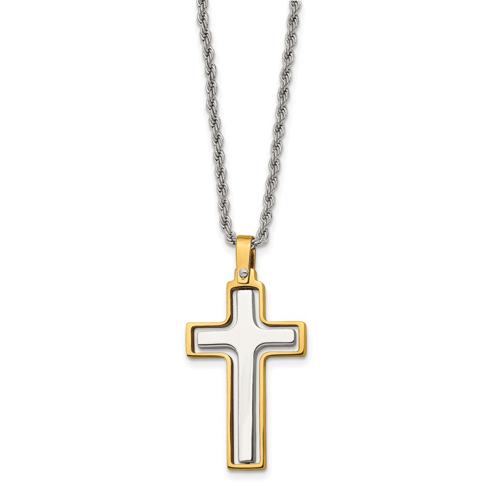 Chisel Stainless Steel Polished Laser Cut Center Yellow IP-plated Moveable Cross Pendant on 22 inch Rope Chain Necklace