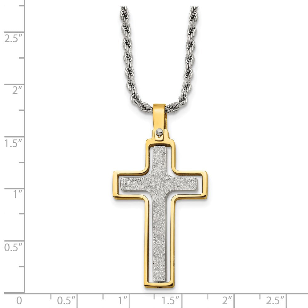 Chisel Stainless Steel Polished Laser Cut Center Yellow IP-plated Moveable Cross Pendant on 22 inch Rope Chain Necklace