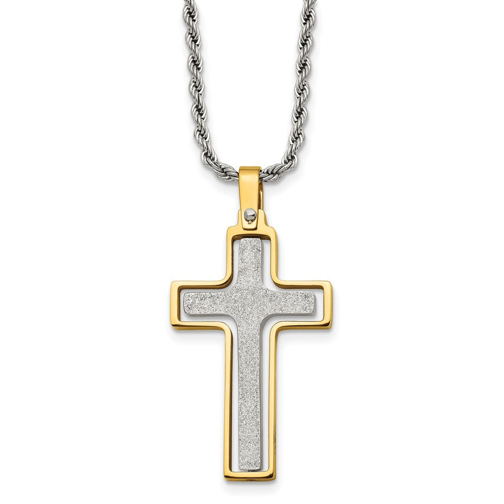 Chisel Stainless Steel Polished Laser Cut Center Yellow IP-plated Moveable Cross Pendant on 22 inch Rope Chain Necklace