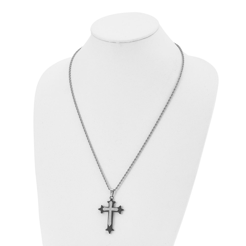 Stainless Steel Polished Black IP-plated Laser cut Cross 24in Necklace