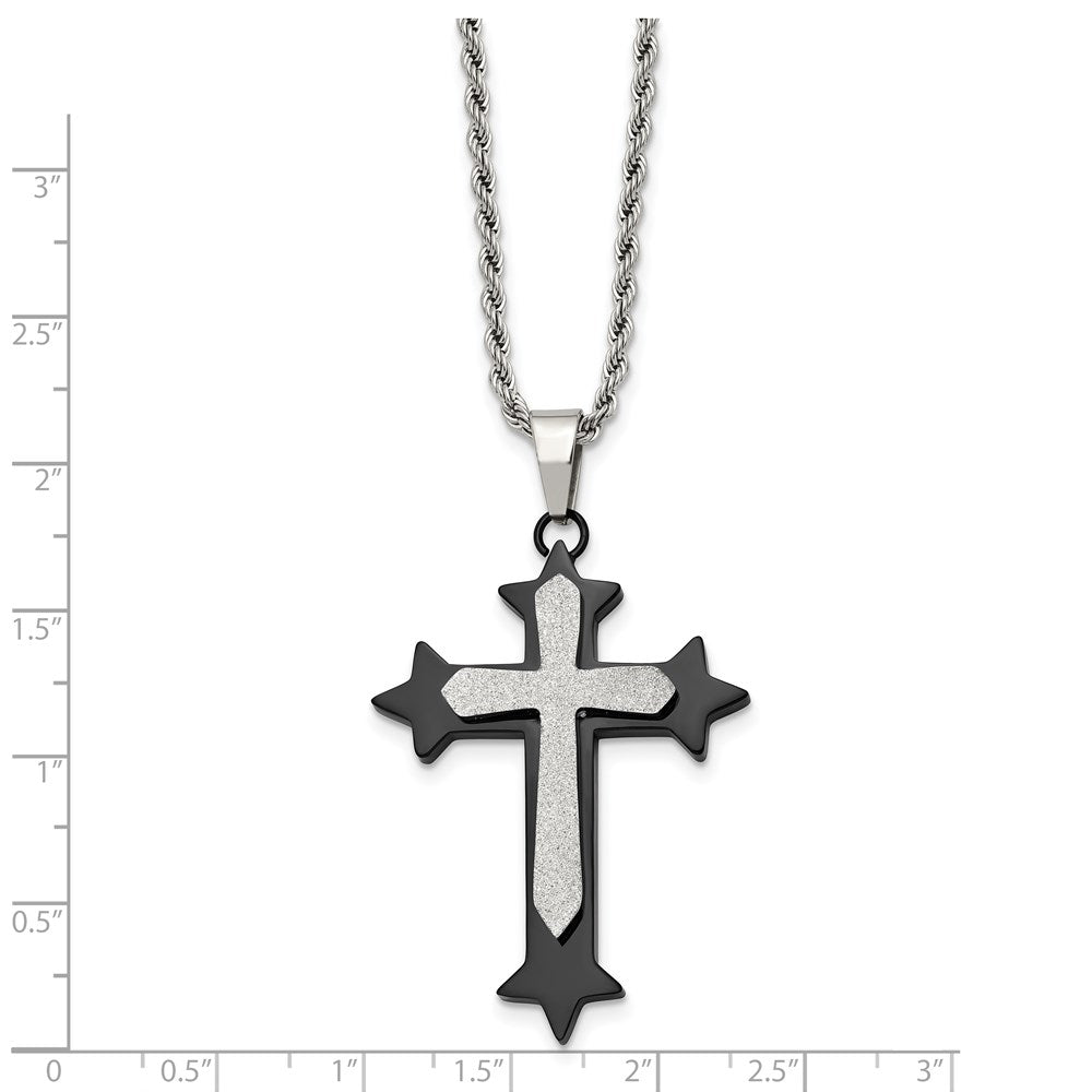 Stainless Steel Polished Black IP-plated Laser cut Cross 24in Necklace