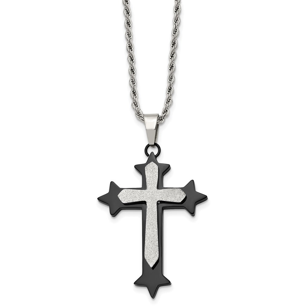 Stainless Steel Polished Black IP-plated Laser cut Cross 24in Necklace