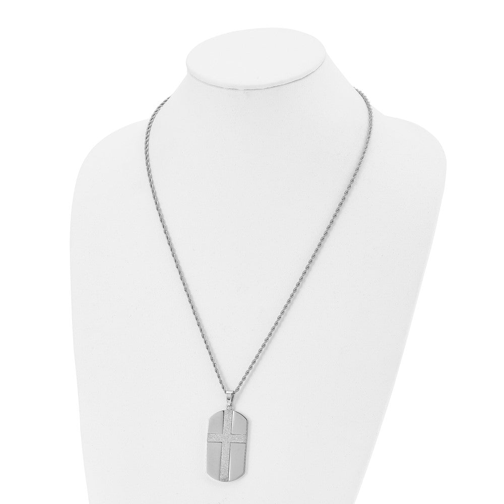 Chisel Stainless Steel Polished Laser Cut Cross Dog Tag on a 24 inch Rope Chain Necklace