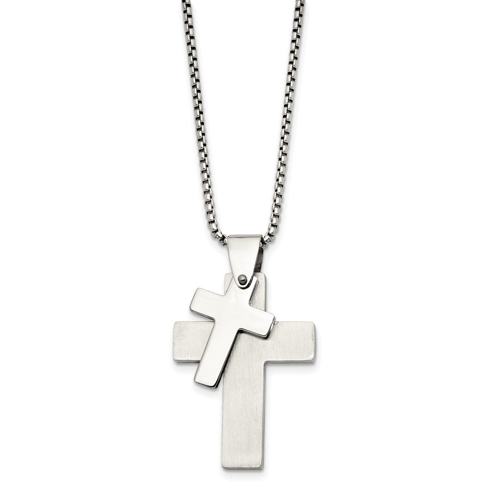 Chisel Stainless Steel Brushed and Polished Double Cross Pendant on a 24 inch Box Chain Necklace