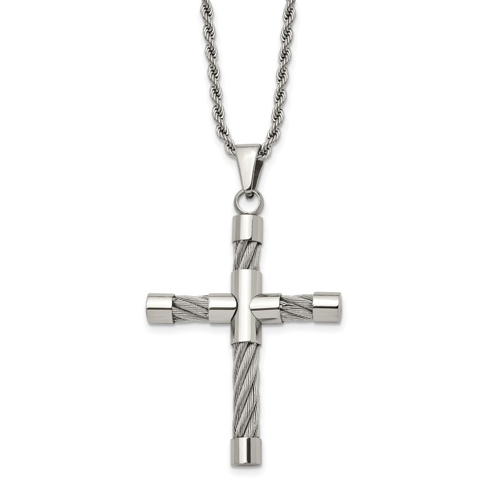 Chisel Stainless Steel Polished and Textured with Cable Cross Pendant on a 22 inch Rope Chain Necklace