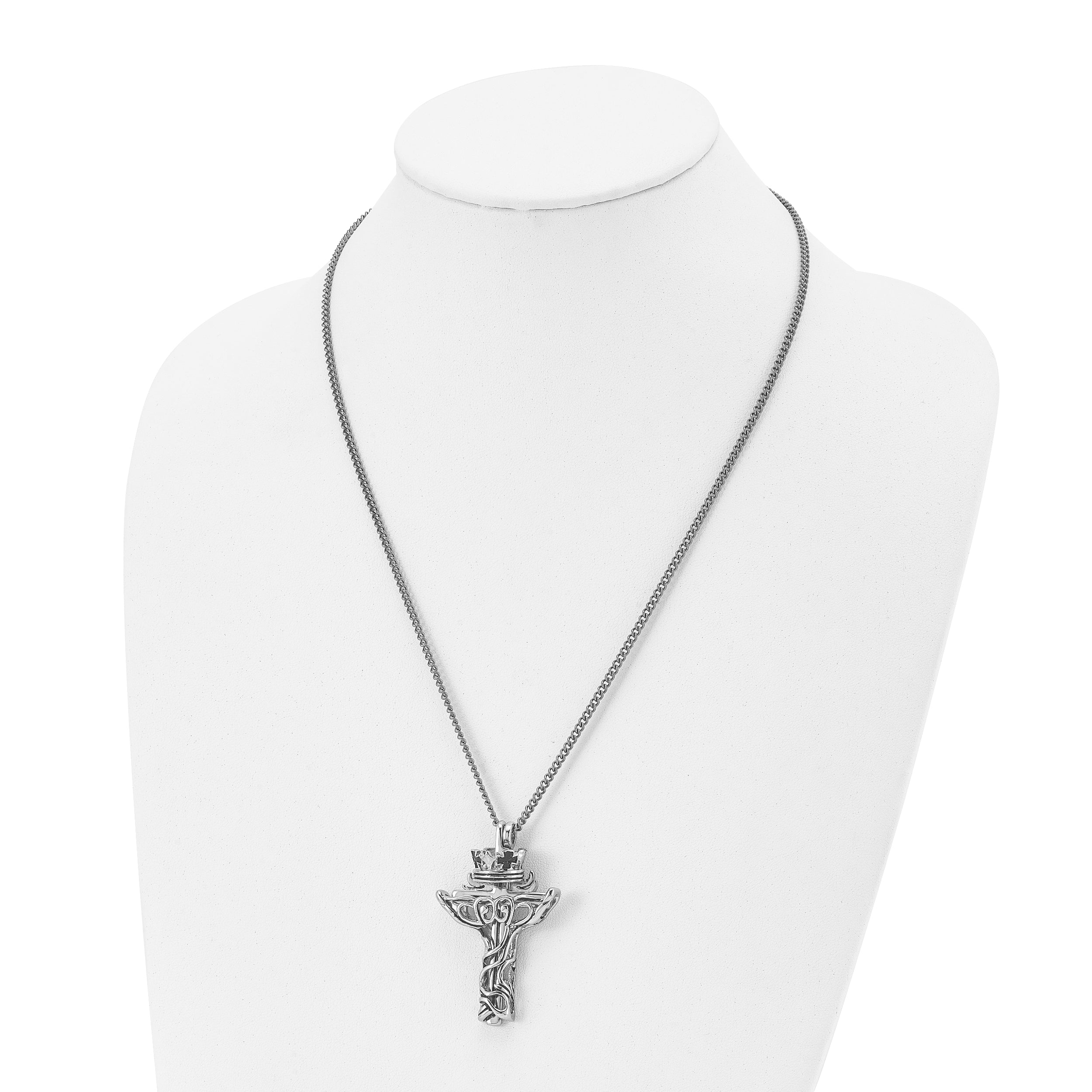 Chisel Stainless Steel Polished and Enameled 2 Piece Cross with Crown Pendant on a 22 inch Curb Chain Necklace