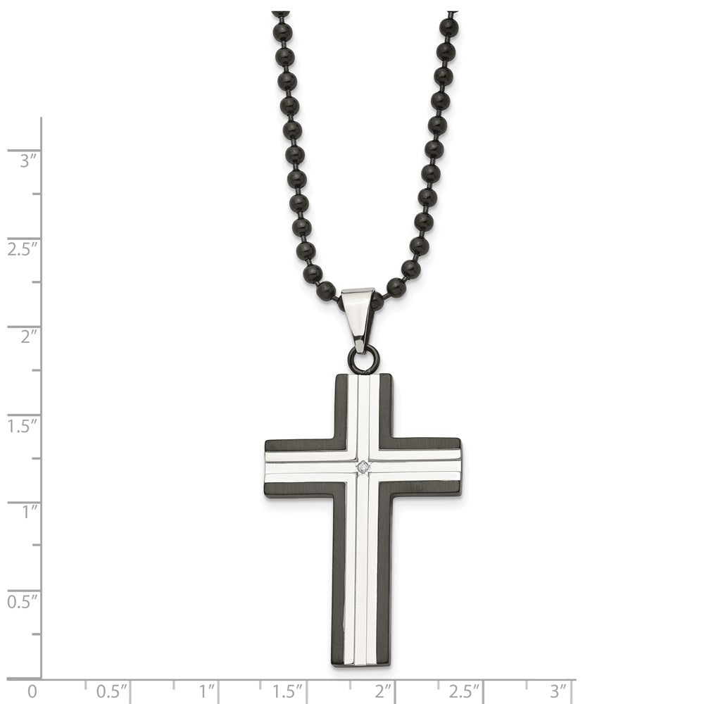 Chisel Stainless Steel Polished Black IP-plated Edges with CZ Cross Pendant on a 30 inch Ball Chain Necklace