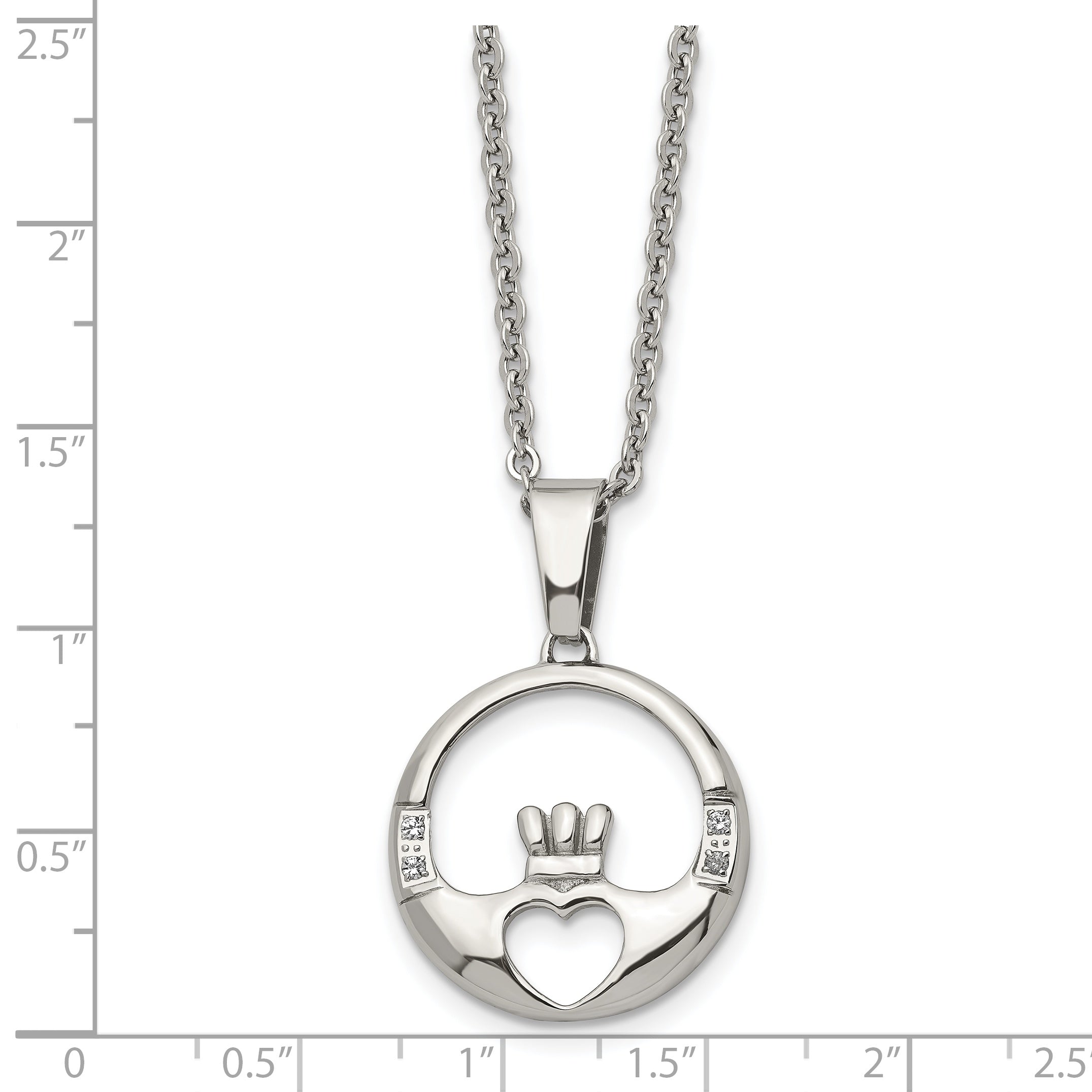 Chisel Stainless Steel Polished with CZ Claddagh Pendant on a 20 inch Cable Chain Necklace
