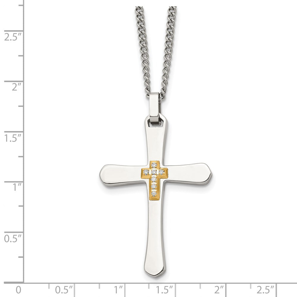 Chisel Stainless Steel Polished with 14k Gold Accent 1/15 carat Diamond Cross Pendant on a 22 inch Curb Chain Necklace