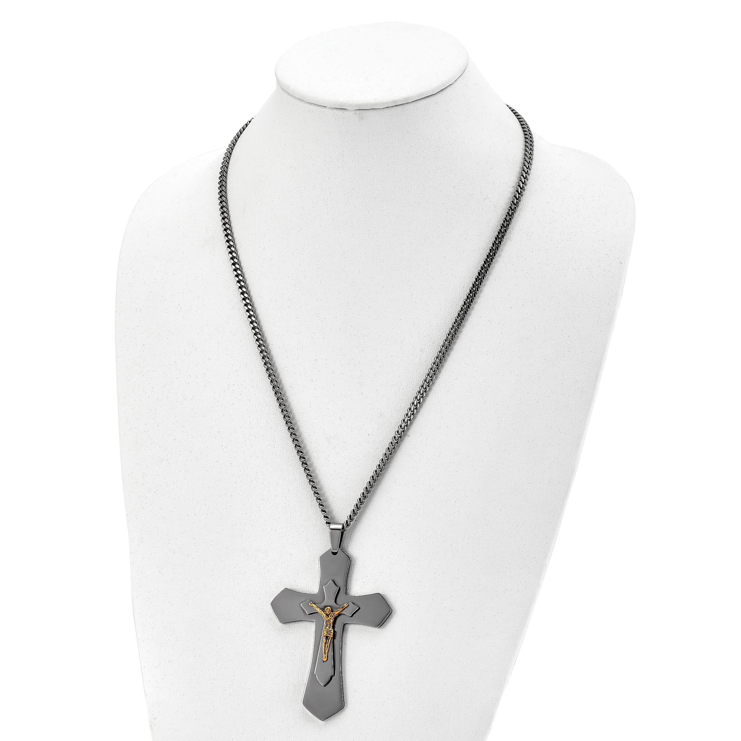 Chisel Stainless Steel Polished Yellow IP-plated Large Crucifix Pendant on a 24 inch Curb Chain Necklace