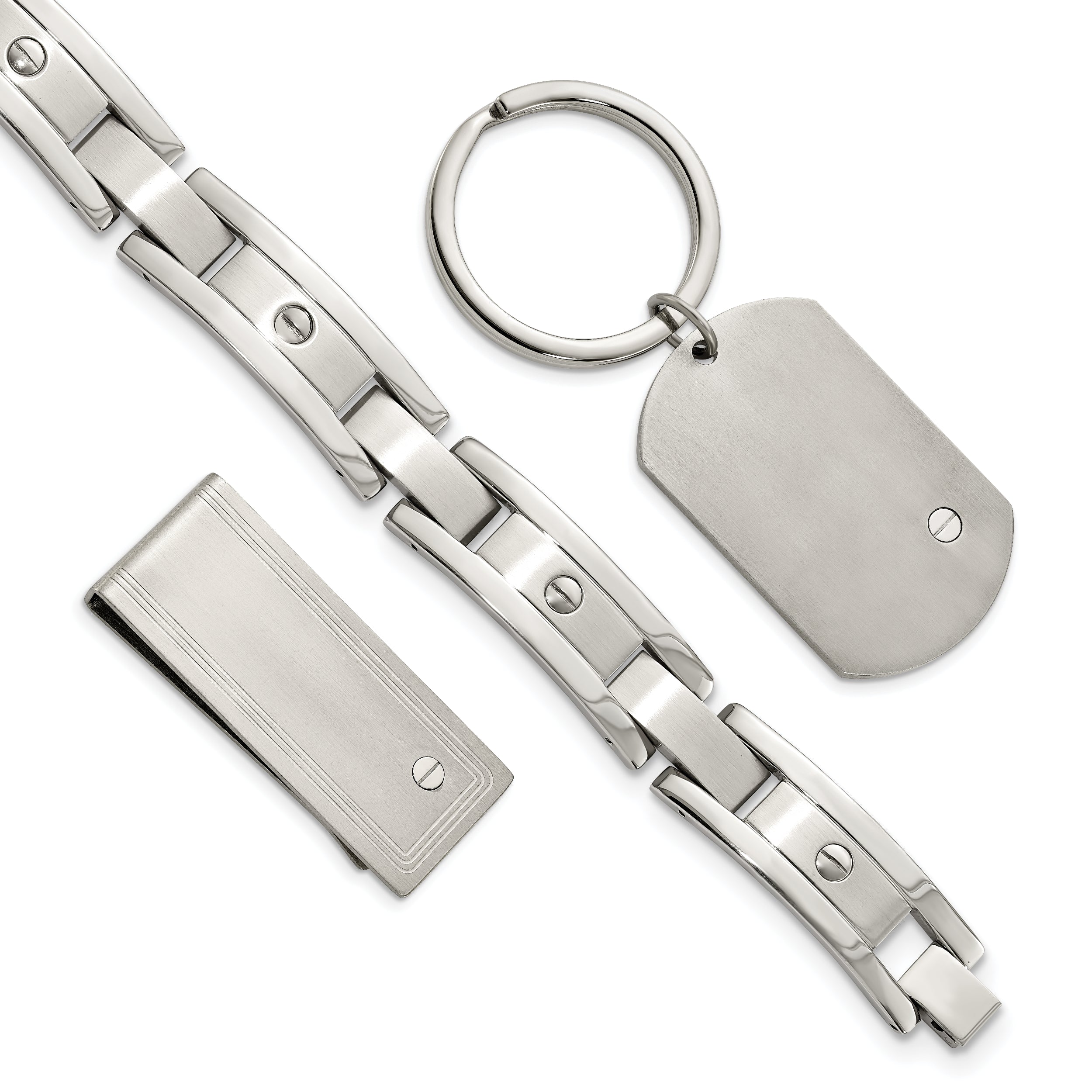 Chisel Stainless Steel Brushed and Polished 8.25 inch Bracelet, Money Clip and Key Ring Set