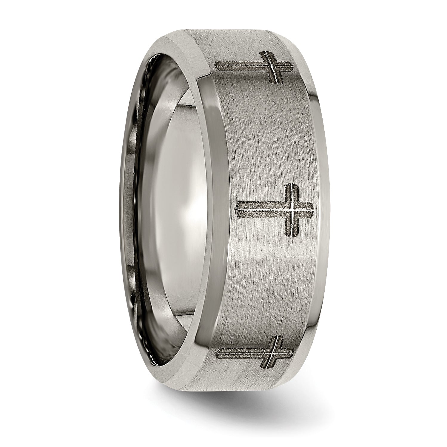 Chisel Titanium Brushed and Polished Cross Laser Design 8mm Beveled Edge Band