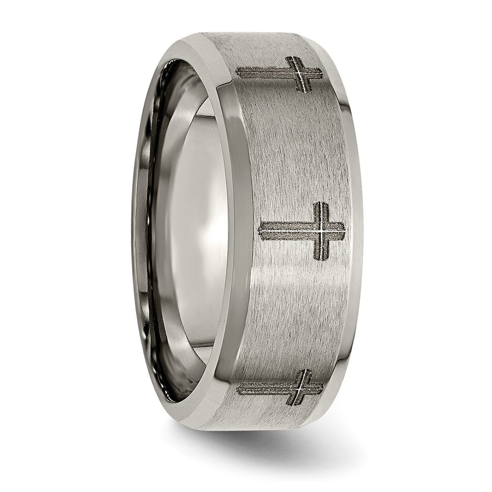 Chisel Titanium Brushed and Polished Cross Laser Design 8mm Beveled Edge Band