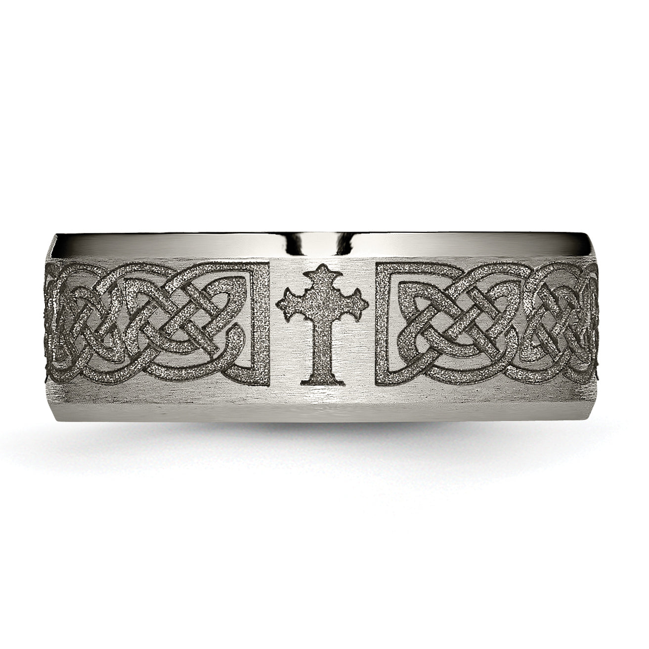 Chisel Titanium Brushed and Polished Cross Laser Design 8mm Beveled Edge Band
