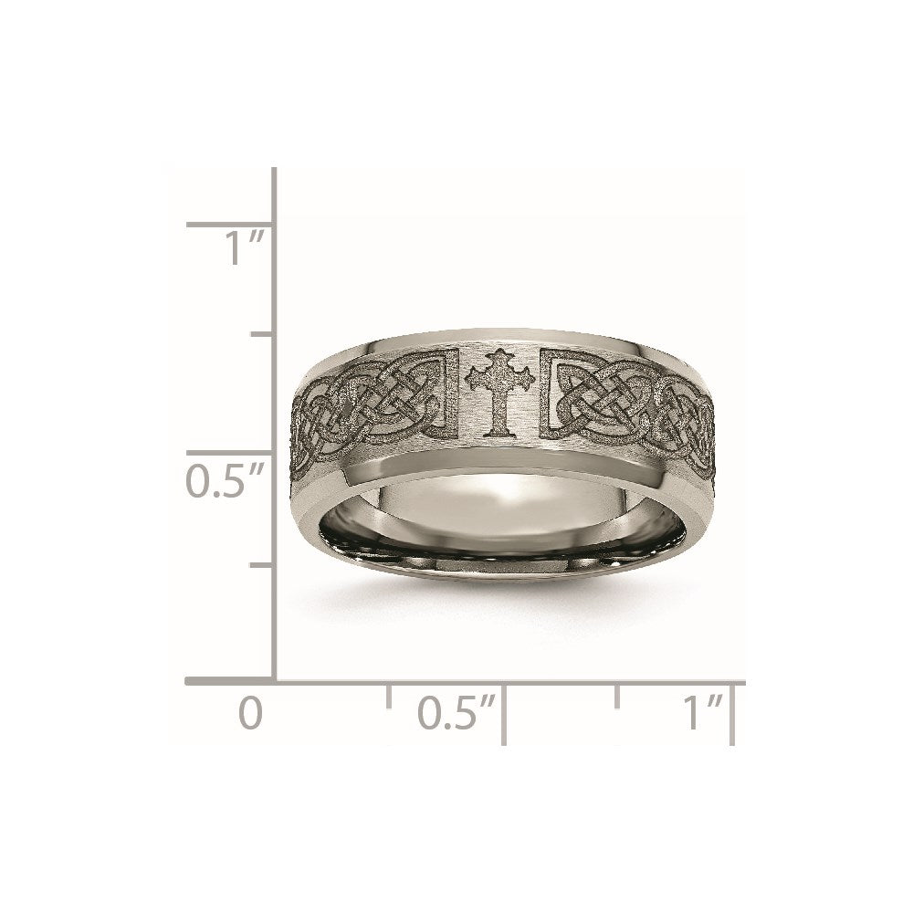 Chisel Titanium Brushed and Polished Cross Laser Design 8mm Beveled Edge Band
