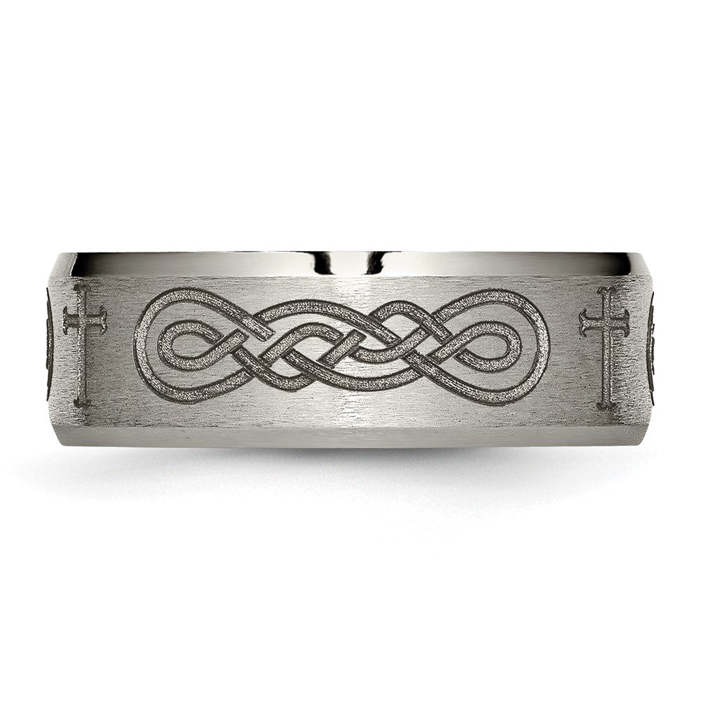 Chisel Titanium Brushed and Polished Cross Laser Design 8mm Beveled Edge Band