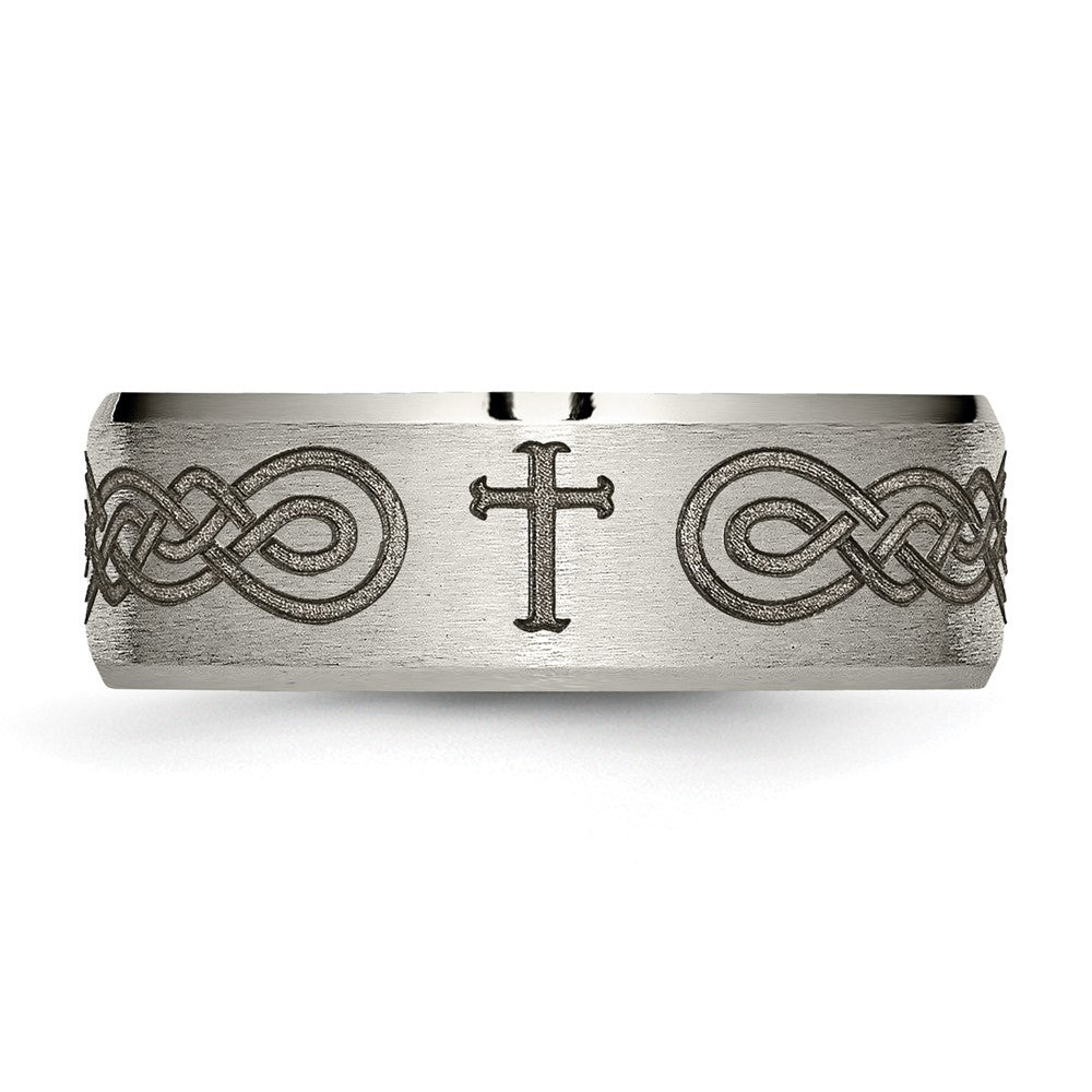 Chisel Titanium Brushed and Polished Cross Laser Design 8mm Beveled Edge Band