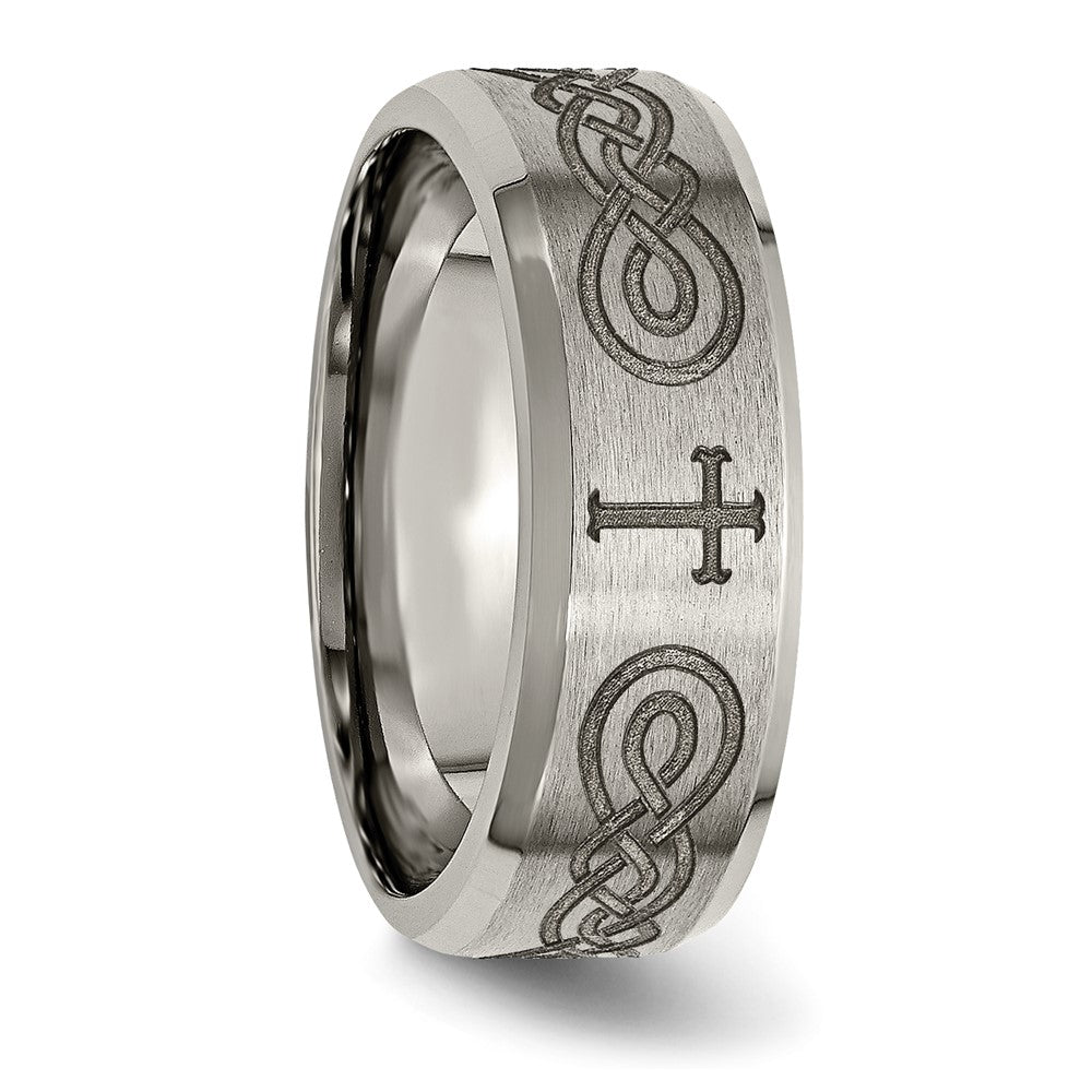 Chisel Titanium Brushed and Polished Cross Laser Design 8mm Beveled Edge Band