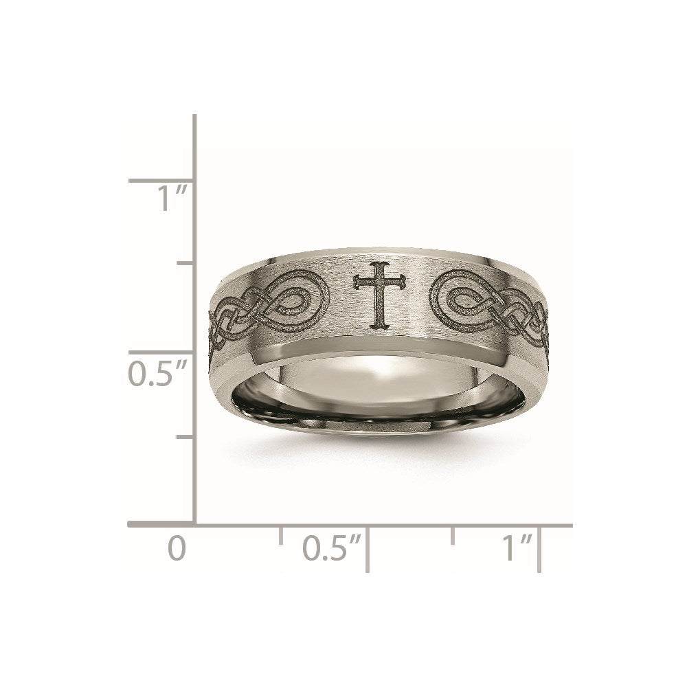 Chisel Titanium Brushed and Polished Cross Laser Design 8mm Beveled Edge Band